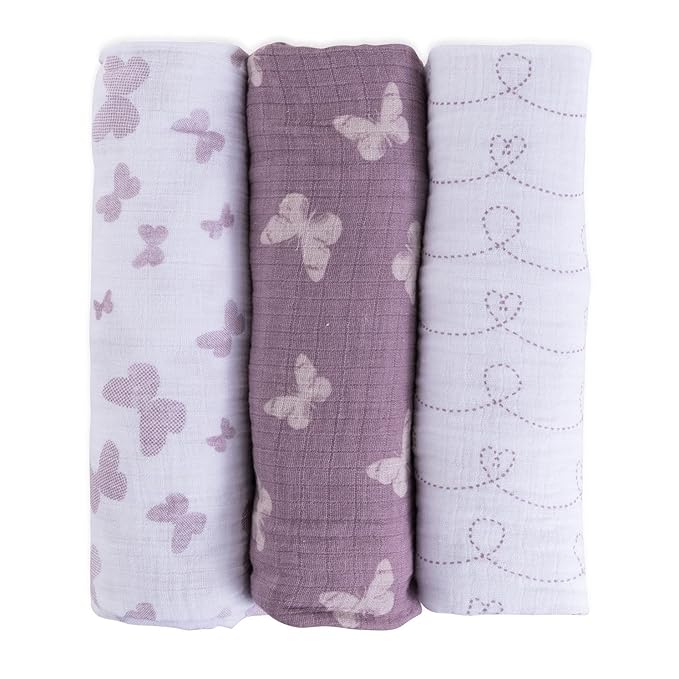 Ely's & Co. Muslin Swaddle Blankets for Baby Girls – 3 Pack, 47" x 47" Lavender Butterfly Design, 100% Soft Muslin Cotton