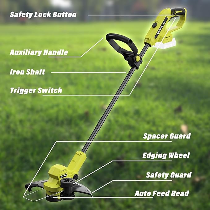 SEYVUM String Trimmer, 20V 12-inch Cordless Weed Wacker with Auto Line Feed, 2 X 2.0Ah Battery Powered Lawn Edger with 8 Pcs Grass Cutter Spool Line, Fast Charger Included, Lemon Green