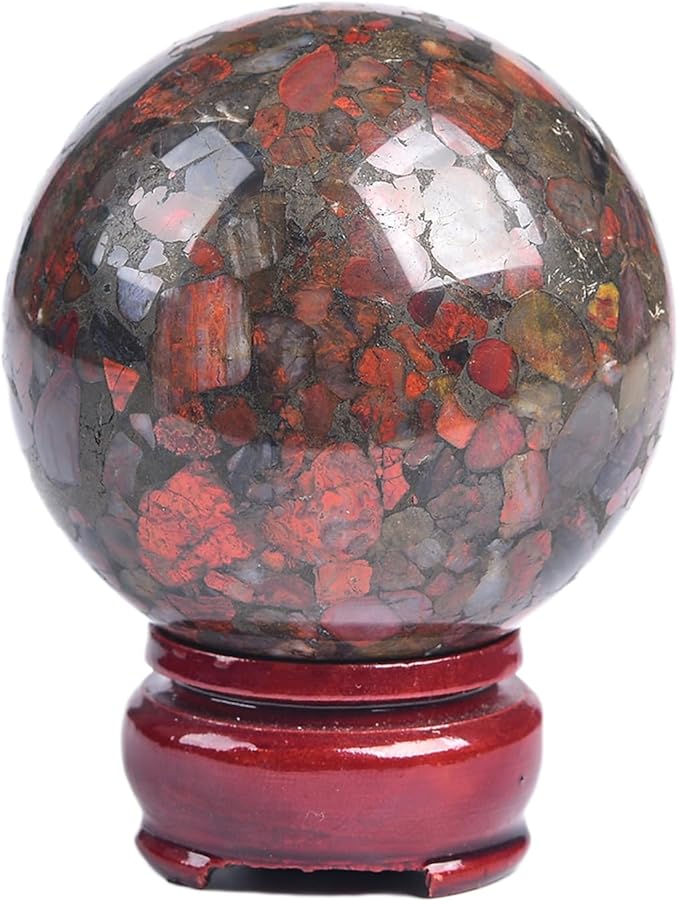 JIC Gem Natural Brazilian Red Agate Crystal Ball with Wood Stand Gemstone Sphere Healing Energy Mineral Gemstone Balls for Reiki Chakra Decoration Fengshui (60-70mm)