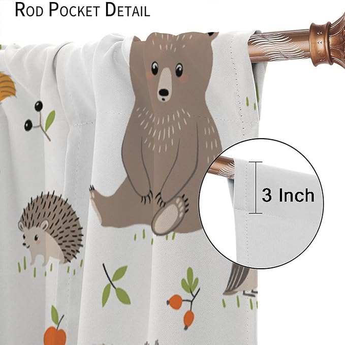 Forest Animal Curtains for Kids, Cartoon Safari Woodland Animals Window Treatments Cute Wild Jungle Bear Fox Deer Bear Window Drapes for Girls Boys Nursery Toddler Bedroom 55x63in