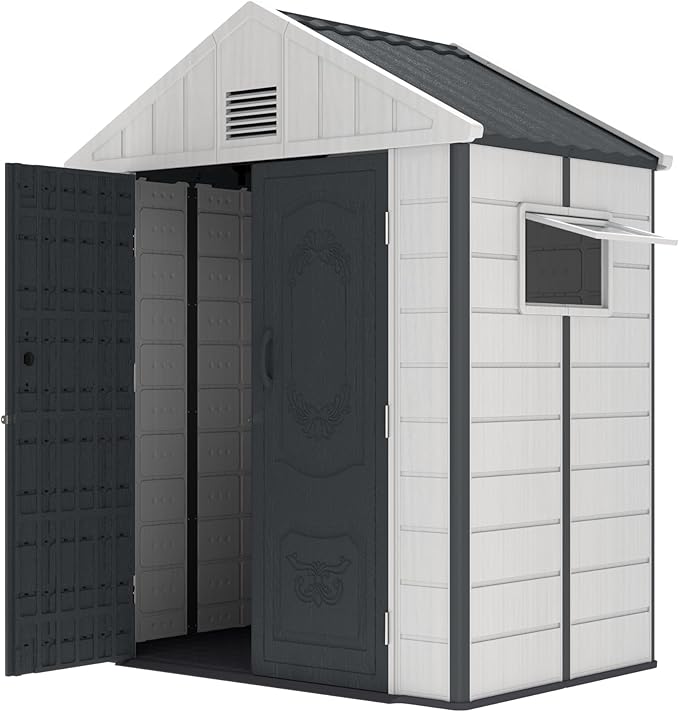 Kingdura 6x4 FT Resin Outdoor Storage Shed with Reinforced Floor, All-Weather Resistant Plastic Garden Outside Bike Tool Shed with Lockable Doors, Window for Backyard Patio Poolside