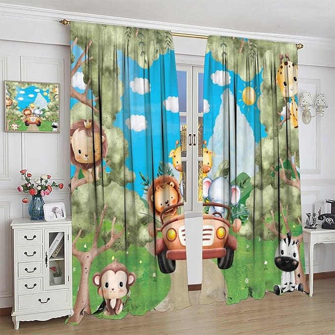Jungle Animals Curtains, Cartoon Safari Animals Tropical Forest Leaf Blackout Window Treatments, Rod Pocket Thermal Insulated Drapes 2 Panel Sets for Kids Bedroom Nursery Classroom, 55"W X 63"L