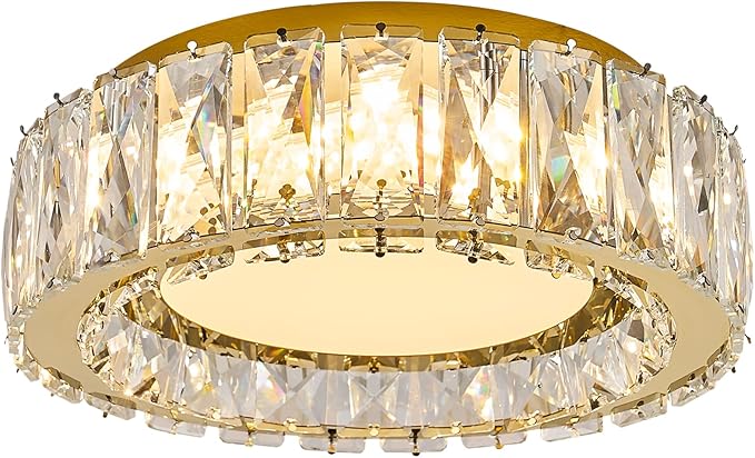 Crystal Dimmable Flush Mount Ceiling Light, Glod Modern LED Close to Ceiling