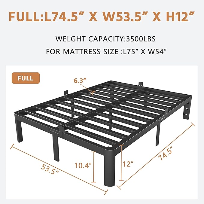 Full Size Bed Frame 12 Inch, Black Metal Full Bed Frame No Box Spring Needed, DIY Headboard Holes, Heavy Duty Steel Support 3500 LBS, Noiseless, Round Corner Legs, Storage Space, Easy Assembly
