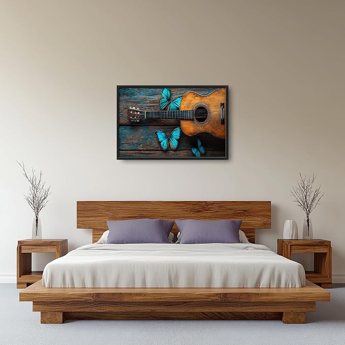 Olivine Music Wall Art, Guitar Pictures Wall Decor, Butterfly Painting, Vintage Musical Instruments Canvas Prints, Framed Artwork for Bathroom Bedroom Living Room Office Home Decoration 36"x24"