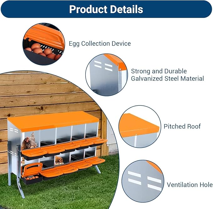 Chicken Nesting Box, 10 Hole 2 Layer Hen Nest Boxes with Legs, Roll-Away Egg Collection System with Ventilation Holes，Rustproof Plastic Tray & Keyhole Mounting, Chicken Laying Box
