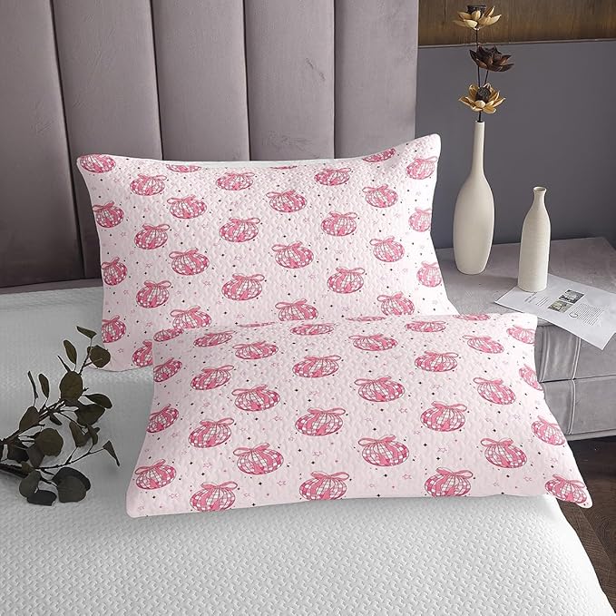 Bowknot Princess Kid Bedspread King Size,Disco Crystal Ball Western Cowgirl Coverlet Set,Girls Women Room Decor,Star Bow Tie Sweet Romantic Quilted Coverlet,Pink Dreamy Bedding Quilt,2 Pillowcases