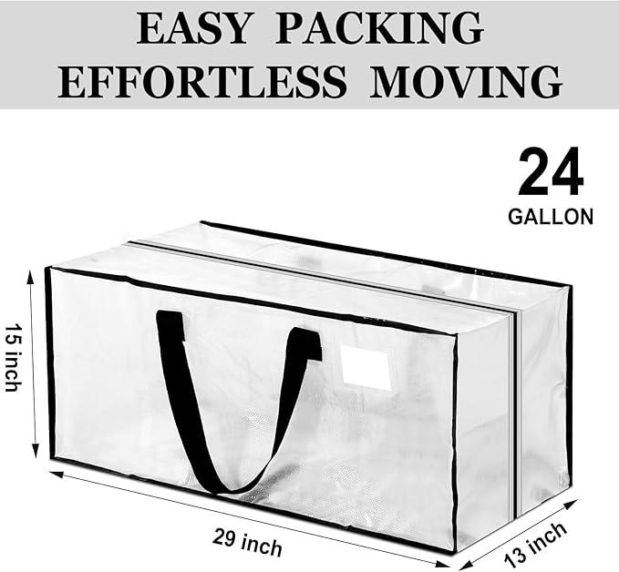 4 Pcs 24 Gallon Large Moving Bags with Zipper and Handles Foldable Storage Duffle Bags Heavy Duty Extra Large Totes for College Dorm Travel Clothes Blankets Bedding Moving (Clear)