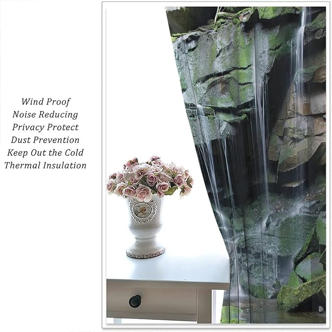 Forest Waterfall Blackout Windows Curtains, Rocky Waterfall to Pond Running Off Scenic Nature Themed Picture Print Curtains, for Living Room Bedroom 63x63in 2 Panels