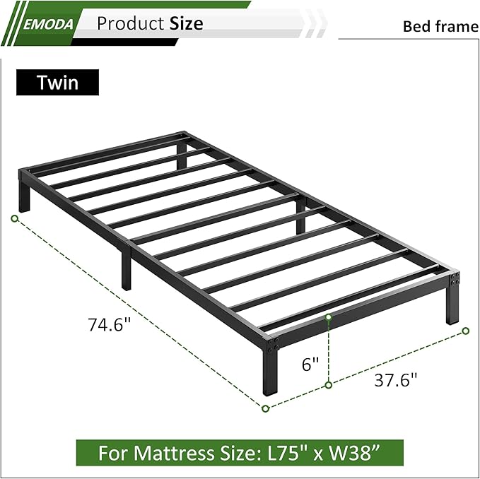 EMODA 6 Inch Twin Bed Frames No Box Spring Needed, Heavy Duty Metal Twin Platform Bed Frame, Noise Free, Easy Assembly, Black