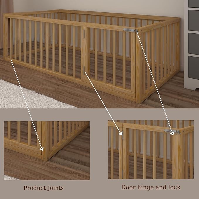 Montessori Floor Bed with Door On The Right Side for Toddler | Pine Wood Natural Solid Frame Beds | Sturdy Modern Design Floor Bed Frame for Boy and Girls (Crib, Height : 17 Inches)
