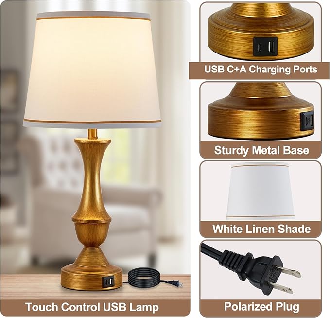 Luvkczc Gold Touch Table Lamps Set of 2, Dimmable Nightstand Lamps