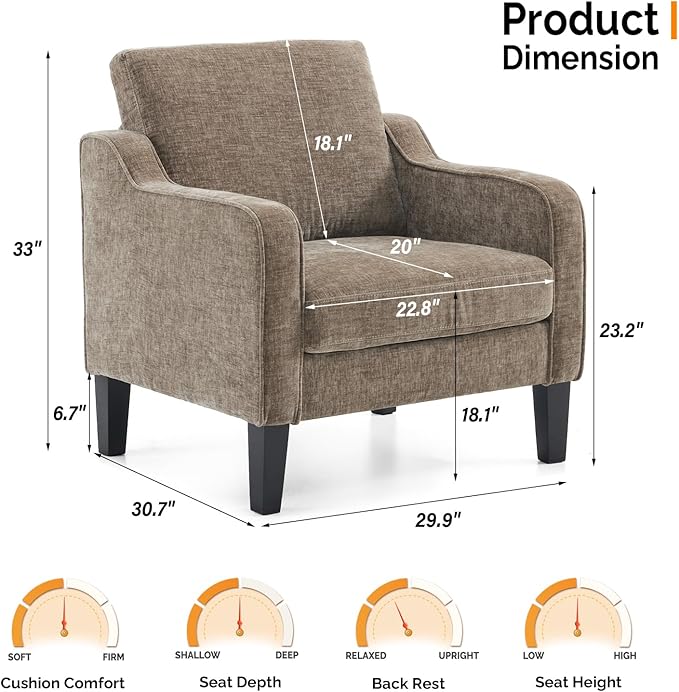 VINGLI Accent Chair for Living Room Chairs Light Brown Reading Chair for Bedroom Scooped Arm Chair Mid Century Modern Accent Chairs Upholstered Comfy Chair for Apartment, Waiting Room