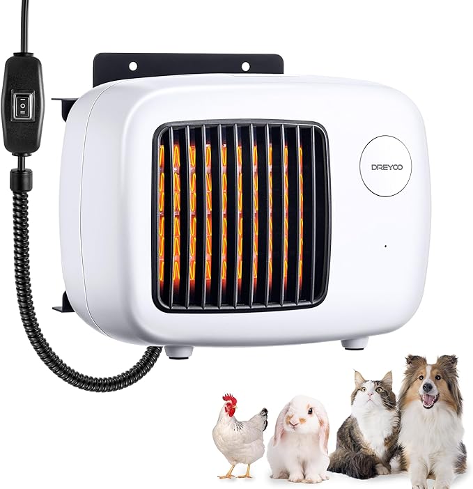 Dreyoo 600/300W Dog House Heater with Thermostat, Pet Heater with 6FT Anti Chew Cord and Safe Overheat Protection, 2 Heating Mode Pet Warmer for Dogs Chicken Coops Rabbits(White,1 Pcs)
