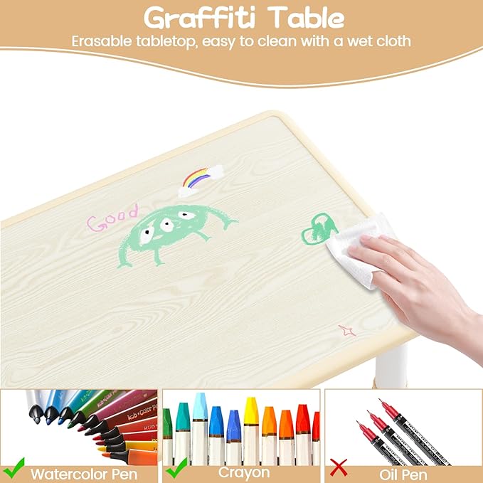 GarveeHome Toddler Table and 4 Chairs Set with Graffiti Desktop, Height Adjustable Kids Table and Chairs Set with Storage, Non-Slip Legs, Kids Activity Table for Home, Nursery, for Age 2-10