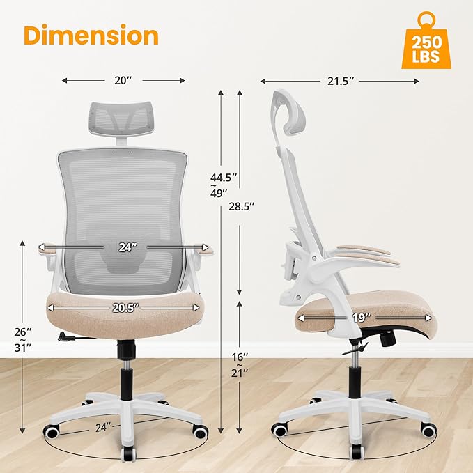 NEO CHAIR Ergonomic Office Desk Chair High Back Computer Gaming Mesh Chair with Comfy Task Adjustable Arms Lumbar Support Headrest Swivel for Home Office (Beige)