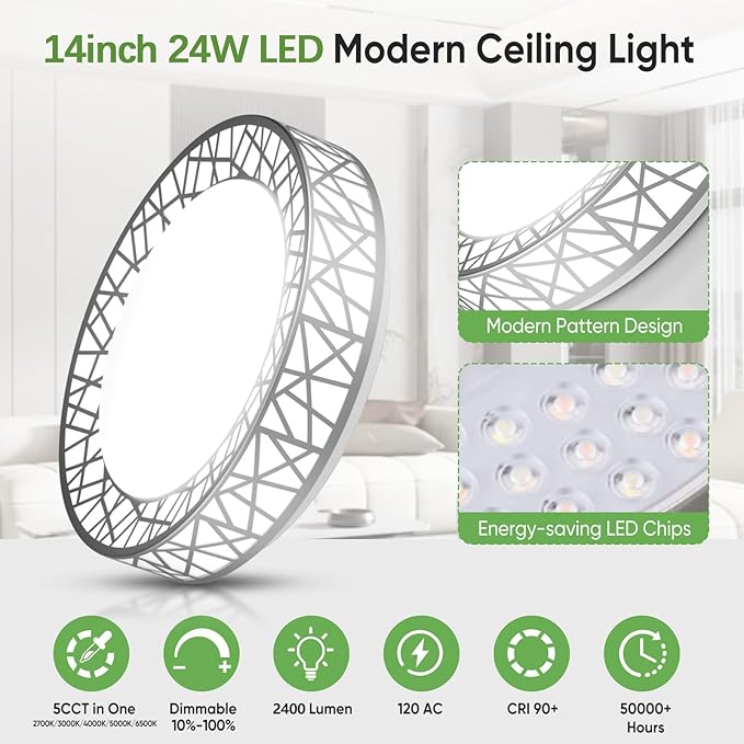 14 Inch Flush Mount Ceiling Light, Modern Brushed Nickel LED Ceiling Light