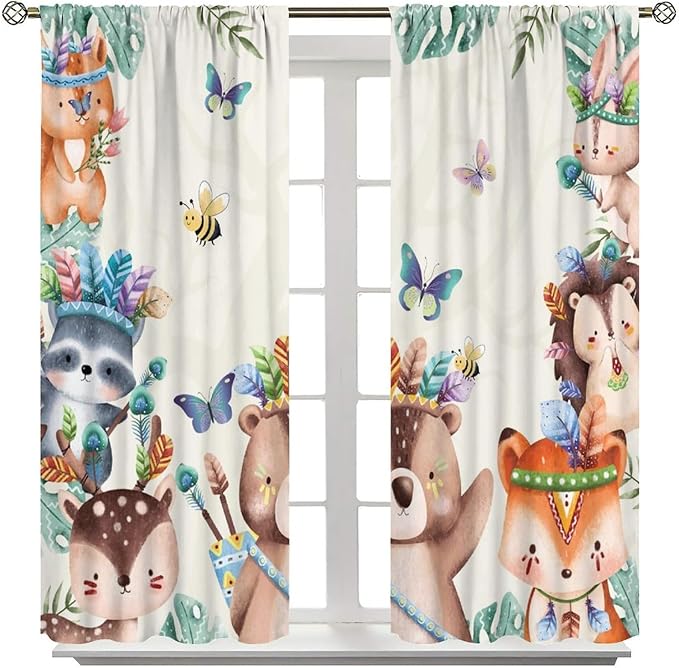 Jungle Safari Curtains, Cute Cartoon Forest Animals Pattern Blackout Window Treatments, Rod Pocket Thermal Insulated Drapes 2 Panel Sets for Children Boys Bedroom Nursery Classroom, 72" W X 63" L
