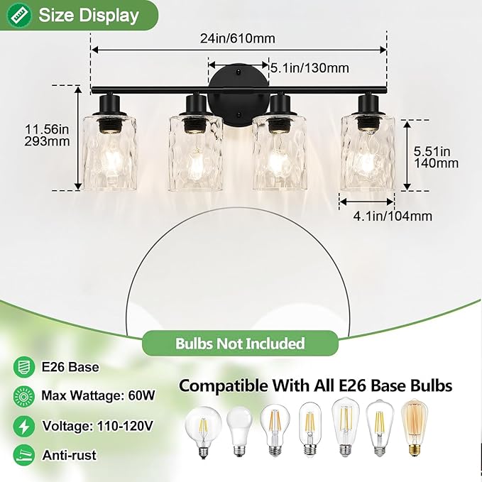4-Light Bathroom Light Fixtures, Matte Black Vanity Lights