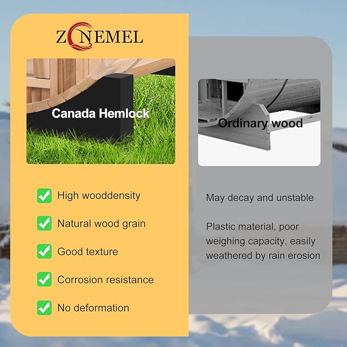 ZONEMEL Indoor and Outdoor Barrel Sauna Room with Asphalt Shingle Roof, Canadian Hemlock Wood Steam Sauna with 6KW ETL Certified TOULE Heater, 8mm Tempered Glass, Rocks, Bucket (Hemlock, 8 Person)