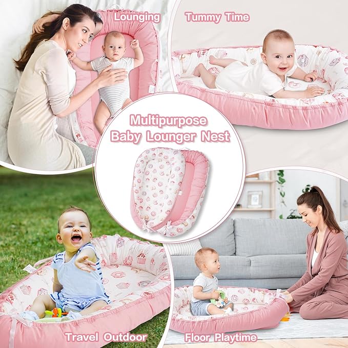 Baby Lounger - Infant Lounger for Newborn 0-24 Months, Breathable & Soft Baby Lounger Cover, Portable Infant Lounger for Home and Travel, Babies Essentials Gifts - Pink