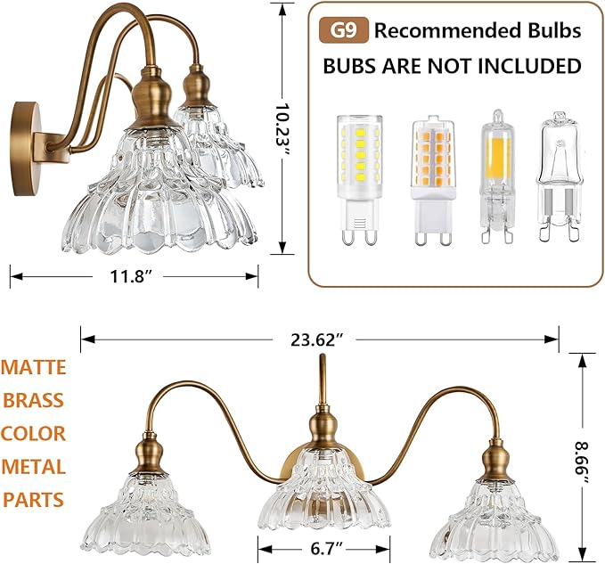 Vintage 3-Light Wall Sconces Modern Brass Bathroom Vanity Lighting Fixtures