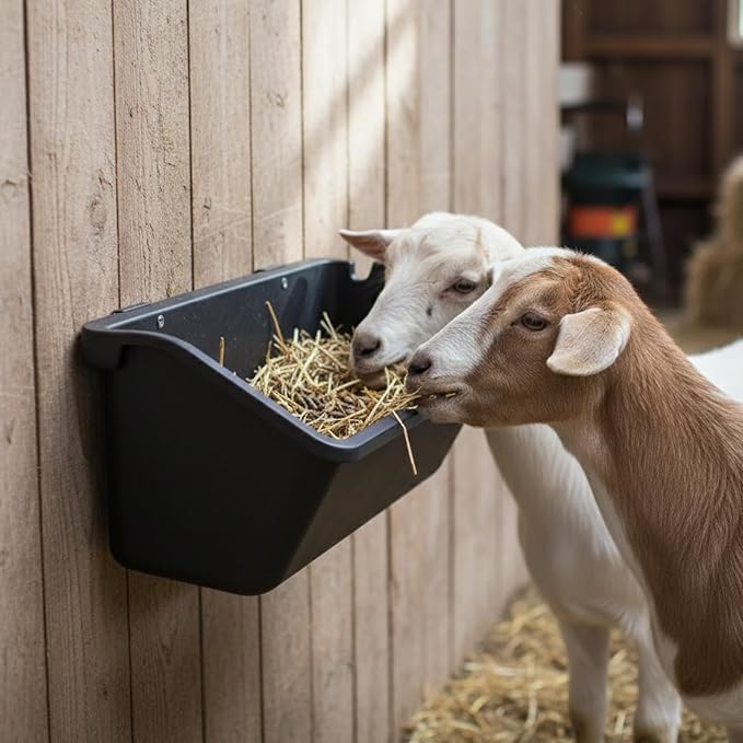 4 Pack Hanging Goat Feeder & Duck Feed Trough, 5 Qt Fence Mounted Livestock Manger – Heavy Duty Plastic Mineral Bucket & Waterer for Sheep, Piglets, Deer & Poultry.