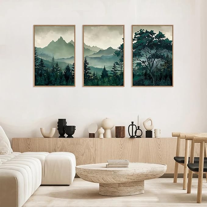 HLNIUC Green Foggy Forest Framed Canvas Wall Art Set,Watercolor Boho Pine Tree Wall Decor,Modern Misty Mountain Scenery Art Print,Nature Landscape Wall Painting for Living Room,Bedroom - 16”x24”x3