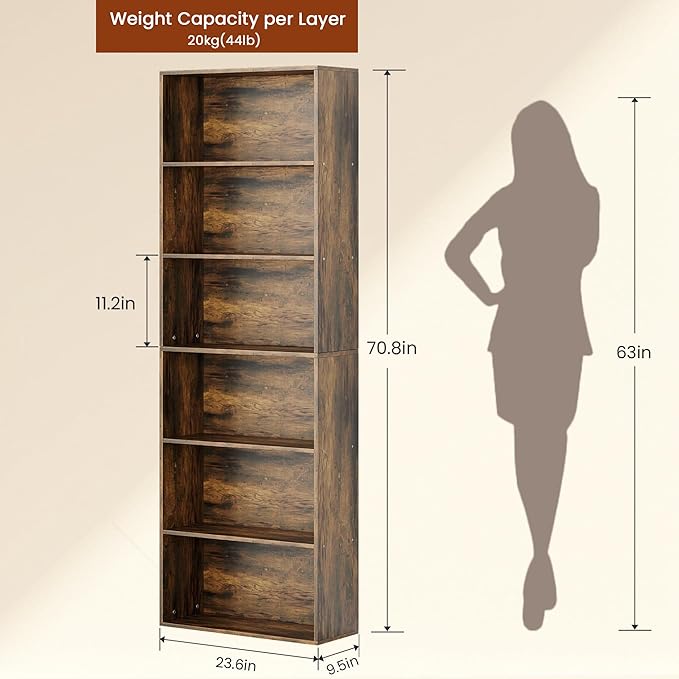 71" Tall Bookcase, 6-Tier Open Display Storage Shelves, Floor Standing Large Book Shelf for Living Room, Home Office, Bed Room, Brown