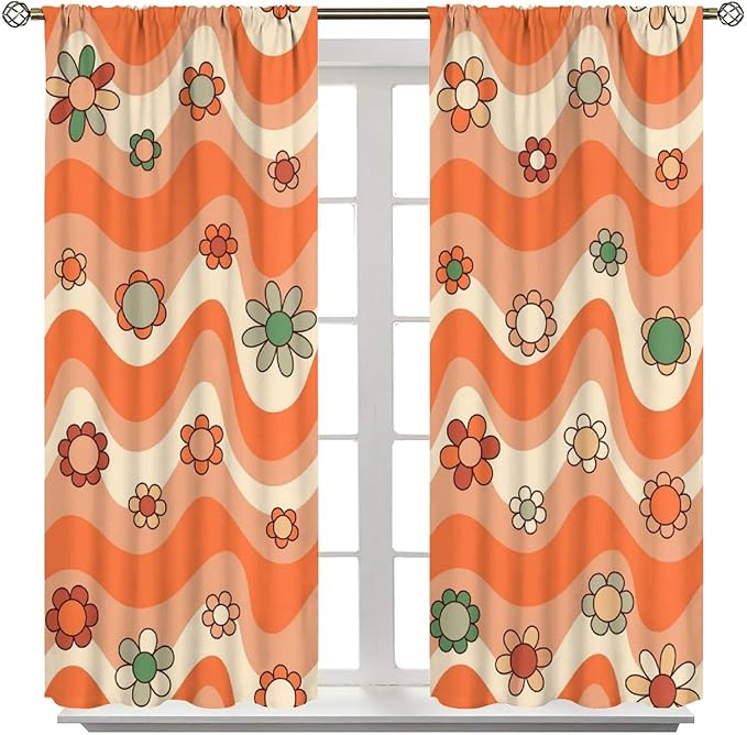 70s Boho Retro Curtains for Bedroom,Groovy Vintage Floral Rainbow Window Treatments Drapes for Kids Girls Window 63"" W X 72"" L, Style-6