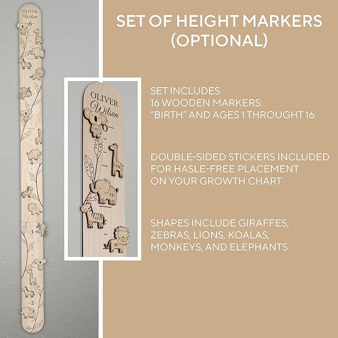 Personalized Jungle Growth Chart Wood - Engraved Growing Ruler Chart for Kids, Children Measuring Height Chart Baby Boy, Large Measuring Board Wooden, Animals Growing Wall Measurement, 2 Sizes