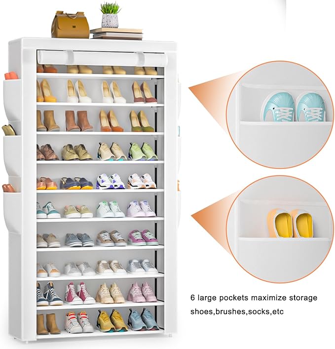 Shoe Rack 10Tier Large Capacity 50-56Pairs Beautiful Tall Shoe Shelf Free Standing Storage Cabinet Entryway Closet