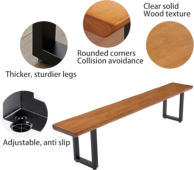 Solid Wood Top Bench with Metal Legs Durable Long Bench for Home Office Living Room Dining Room Versatile Multi Size Options Perfect Chair Stool Dining Bench Dining Chair (Light brown bench, 62.99in)