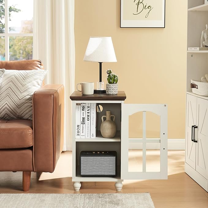 Narrow Side Table Set of 2,White Nightstand with Charging Station,End Table with Glass Barn Door Storage, Cabinet Organizer with Adjustable Shelf, Night Stand for Small Spaces Living Room Bedroom