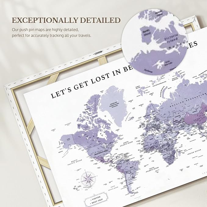 ElephantStock - Beautiful Places II Push Pin World Map Wall Art - Horizontal Canvas Wall Art - Living Room Wall Decor - Digital Art Map Canvas Art - White And Black Decor - 24" x 16"
