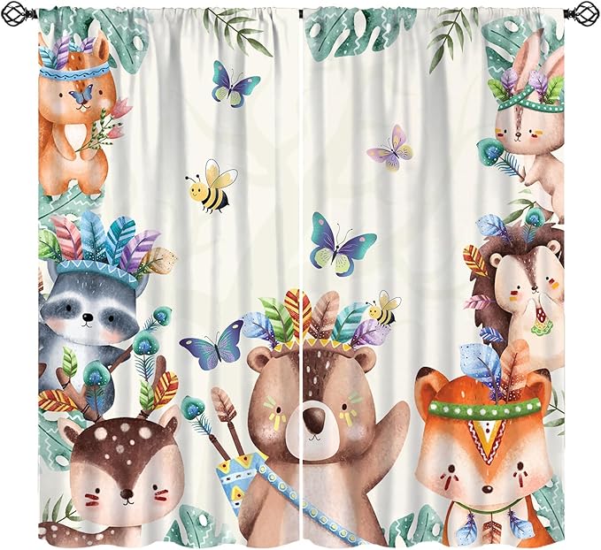Jungle Safari Curtains, Cute Cartoon Forest Animals Pattern Blackout Window Treatments, Rod Pocket Thermal Insulated Drapes 2 Panel Sets for Children Boys Bedroom Nursery Classroom, 63" W X 72" L