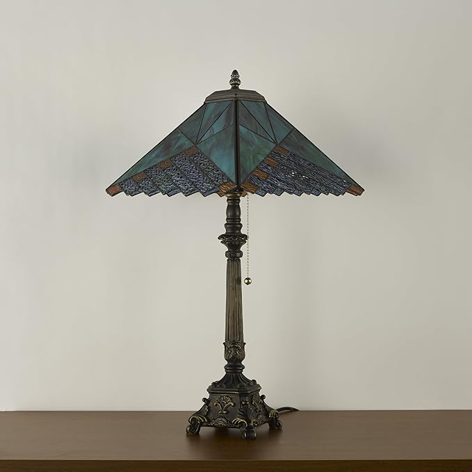 Tiffany Table Lamps Deep Blue Stained Glass Rhombus Checkered Style Mission