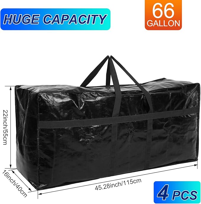 4 Pcs 66 Gallon Large Moving Bags with Zipper and Handles Foldable Storage Duffle Bags Heavy Duty Extra Large Totes for College Dorm Travel Clothes Blankets Bedding Moving (Black)