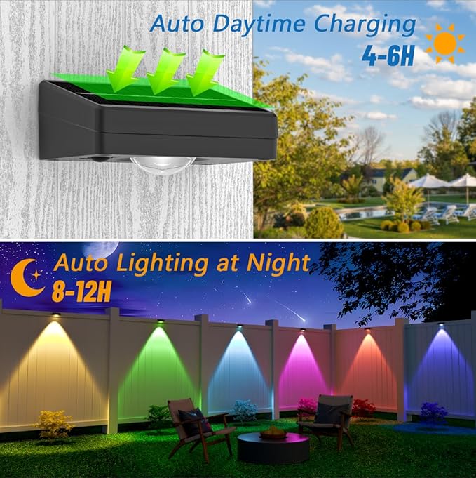 NIORSUN Solar Fence Lights Outdoor Waterproof, Warm & Cool White RGB，8 Pack LED