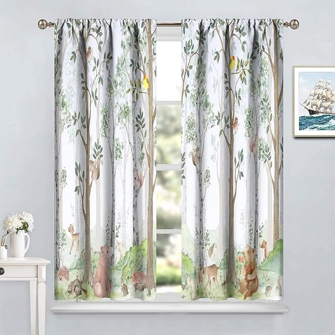 Kids Watercolor Woodland Animal Window Curtains, Bear Deer Squirrel Hedgehog Fox Birds Green Forest Blackout Rod Pocket Treatment for Boys Girls Bedroom 42x54in