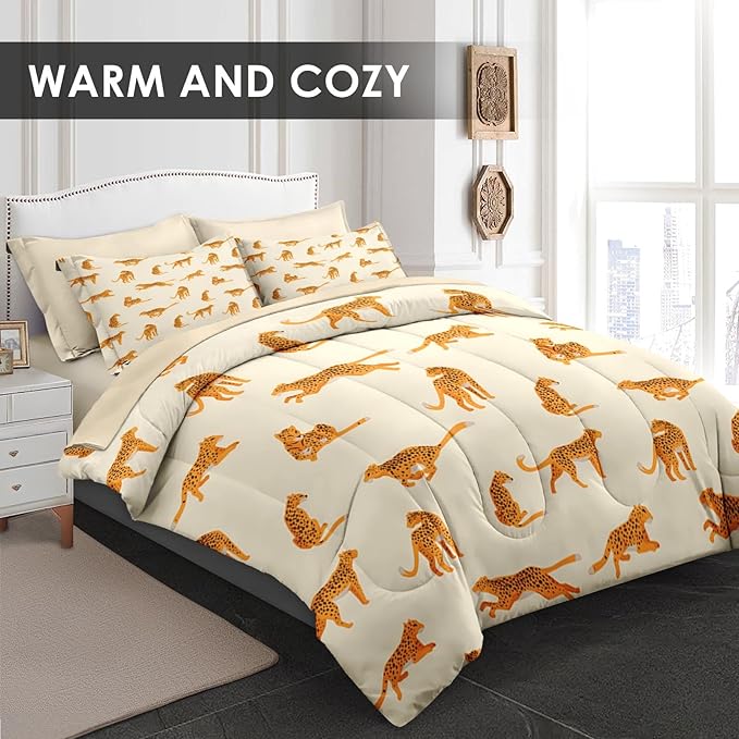 Comforter Set Twin Size, Leopard 5 Pcs Bedding for Kids and Adults, Cheetah Bedding Sets with Fitted Sheet Pillowcase & Sham for Bedroom Bed Decor