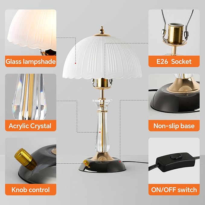 Crystal Table Lamp Set of 2, Dimmable Bedside Lamp