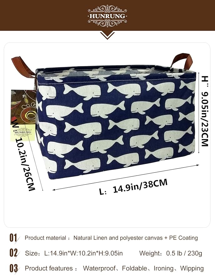 HUNRUNG Rectangle Storage Basket Cute Canvas Organizer Bin for Pet/Children Toys, Books, Clothes Perfect for Rooms/Playroom(whale)