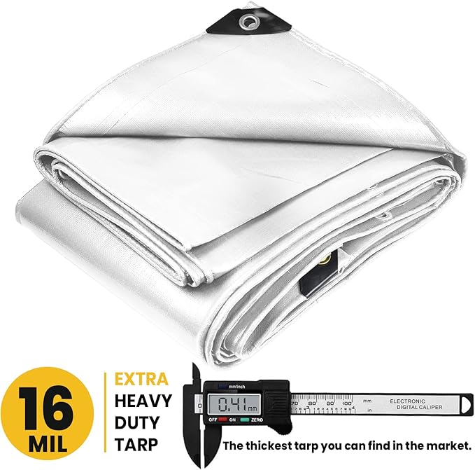 PROTARP Extra Heavy Duty 16 Mil Tarp Cover, Waterproof, UV Resistant, Rip and Tear Proof, Poly Tarpaulin with Reinforced Edges for Roof, Camping, Patio, Pool, Boat. (White 40′ X 40′)