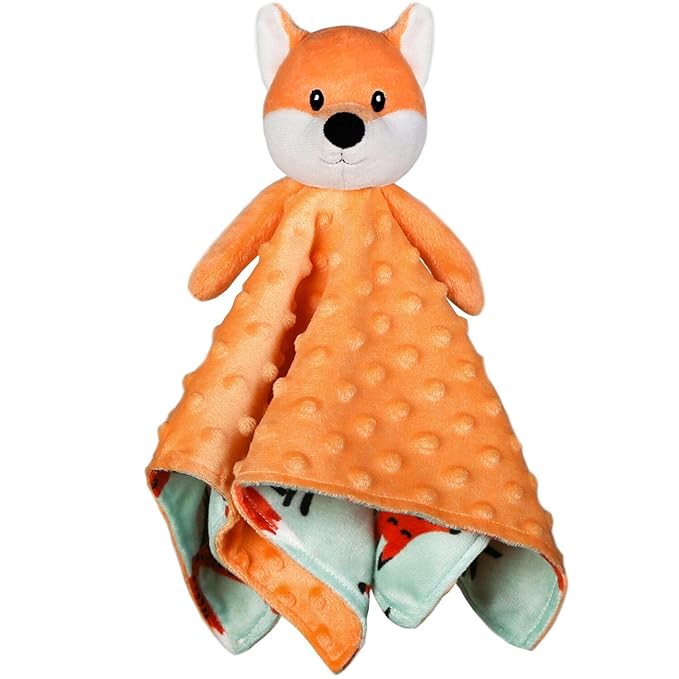 BORITAR Christmas Fox Baby Security Blanket Soft Minky Dot Fabric Lovey Blanket with Cute Woodland Pattern Backing Stuffed Plush Cuddle for Newborn Infant Gifts Orange 14 Inch