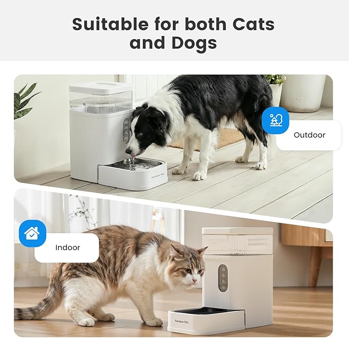 Gardner Pet 2.2 Gallon Automatic Dog Water Bowl Dispenser 8.5L Gravity Water Feeder with Stainless Steel Bowl & Maifan Stone Filter, BPA-Free for for Cats and Dogs (White, 2.2 Gallon)