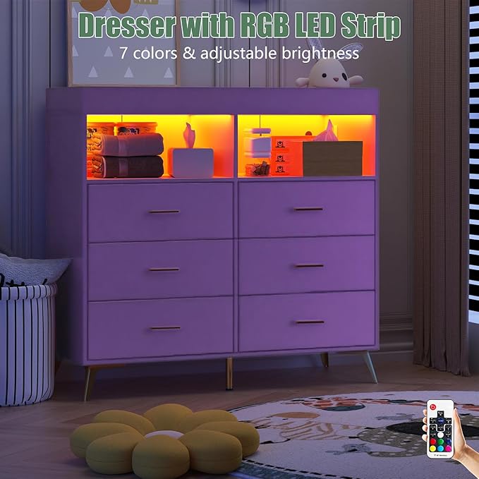 Dresser for Bedroom with LED Lights and Power Outlet, Baby Changing Table Dresser with 6 Drawers, 2 Open Storage Shelves, Baby Diaper Station with Changing Table Top (Purple)