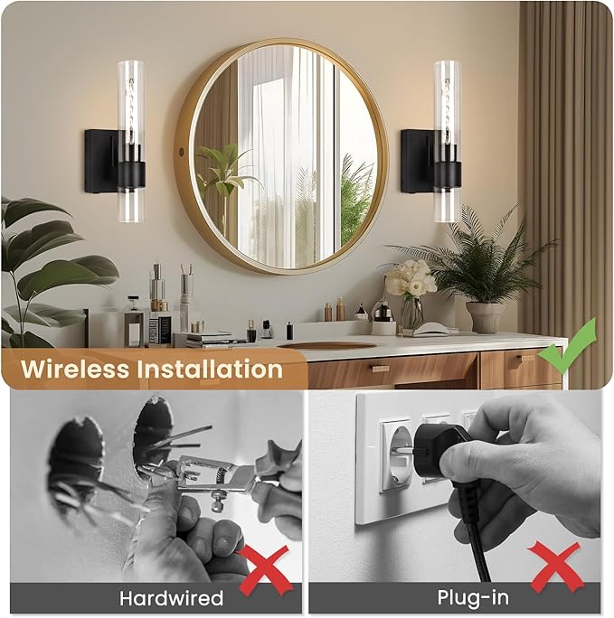 BELS Battery Operated Wall Sconces Set of Two, 13 Inch Black Wireless Wall Light
