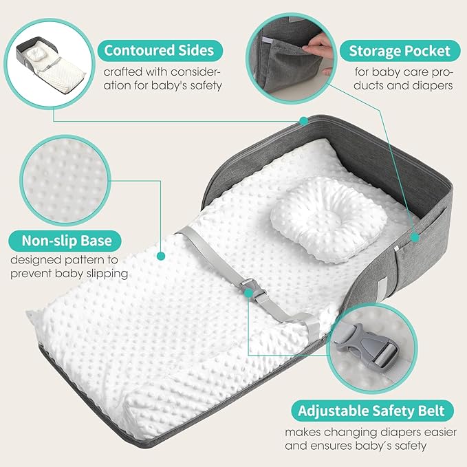 Portable Baby Diaper Changing Pad Foam Contoured Changing Table Pad with Soft Non-Slip Cover and Headrest Waterproof Diaper Bag for Dresser, Changing Table Topper Travel Outdoor