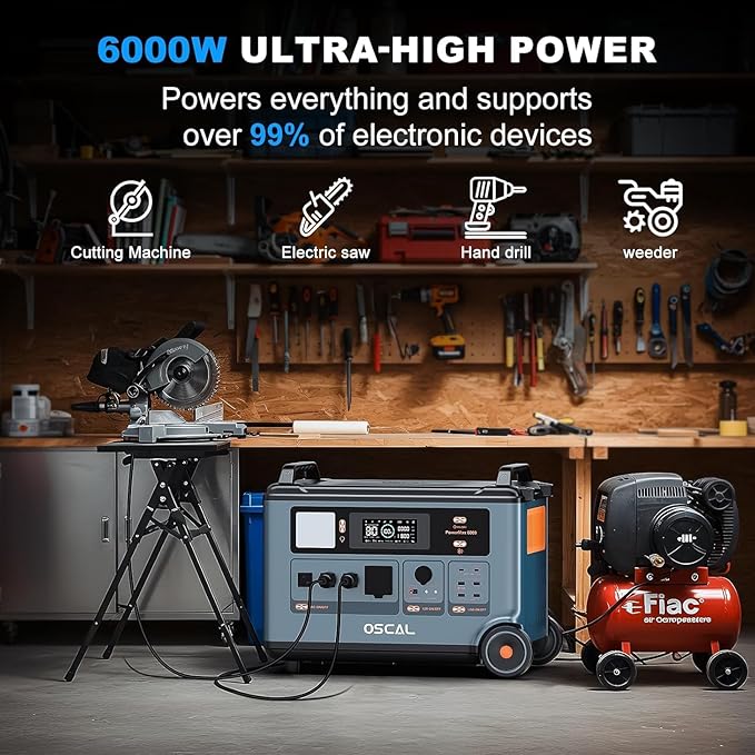 OSCAL PowerMax 6000 Solar Generator with 2x400W Solar Panel, 120V/240V Split Phase Voltage 6000W AC Outlets (7200W Peak), 2200W AC Charging/2400W PV Charging for Home, Emergency, Bank Battery Backup